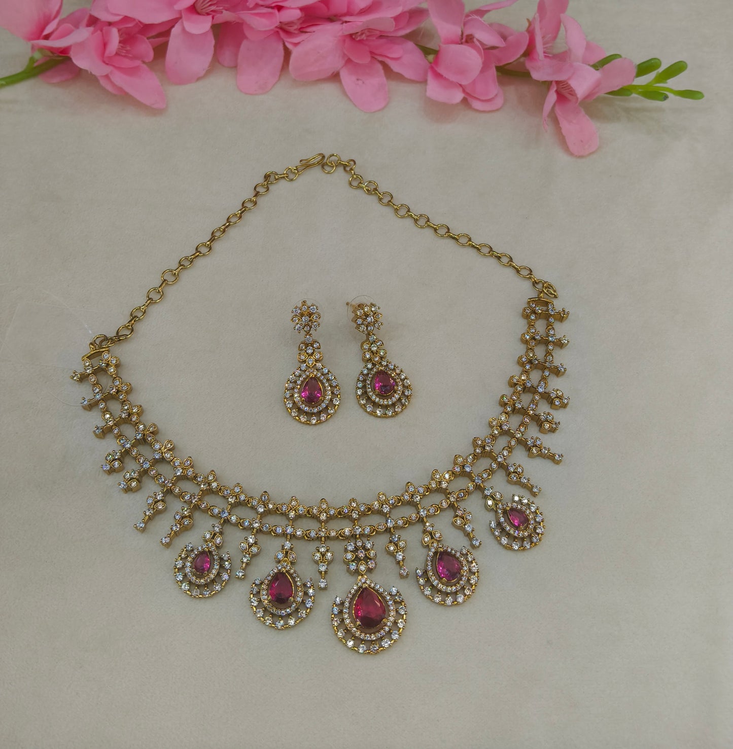 Antique Gold Ruby Cz Necklace Jewellery Pvita Set