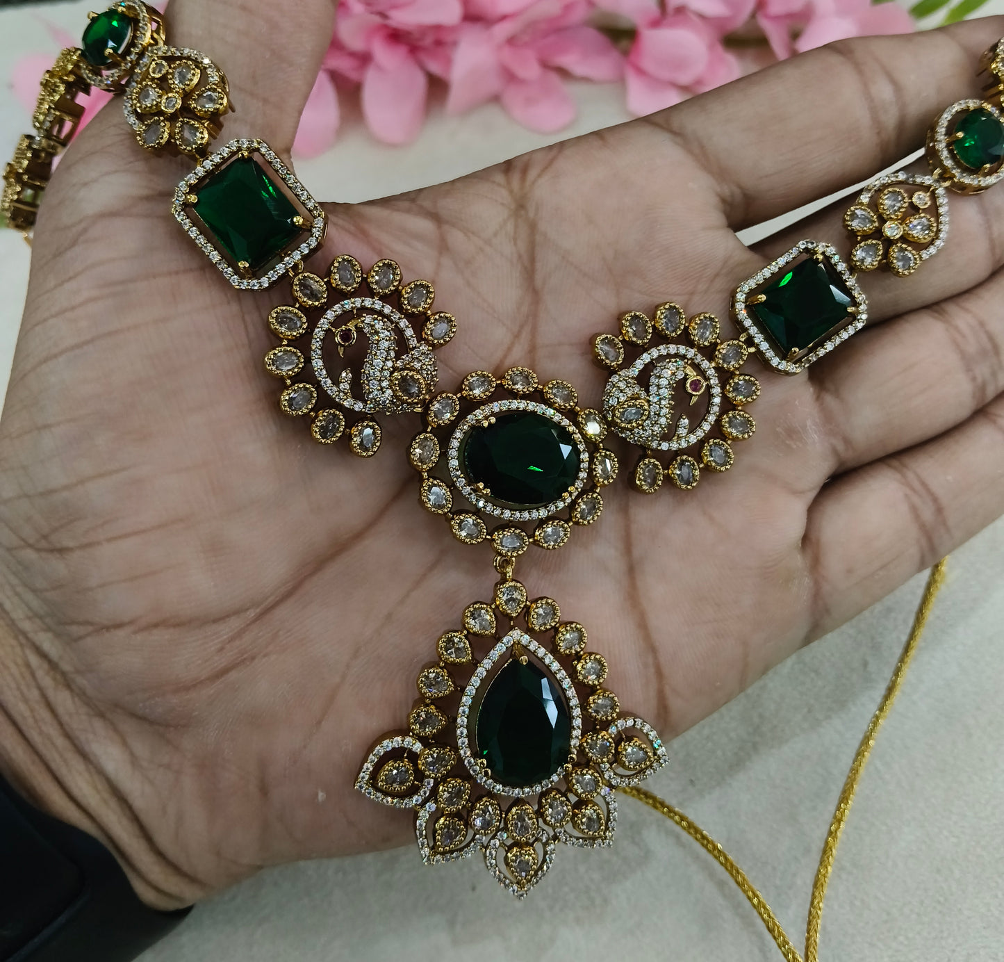 Antique Gold Green Cz Necklace Jewellery Usha Set