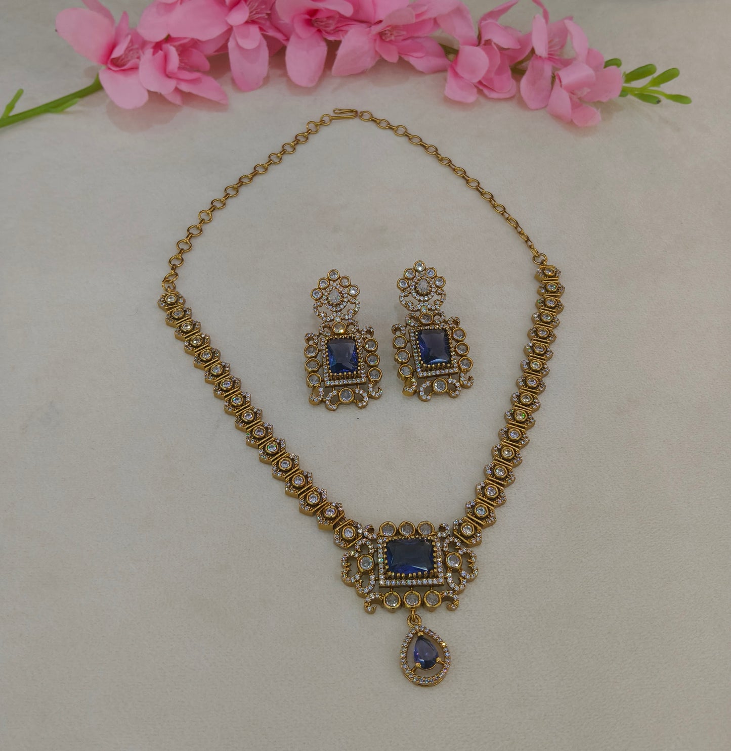 Antique Gold Purple Cz Necklace Jewellery Jazi Set