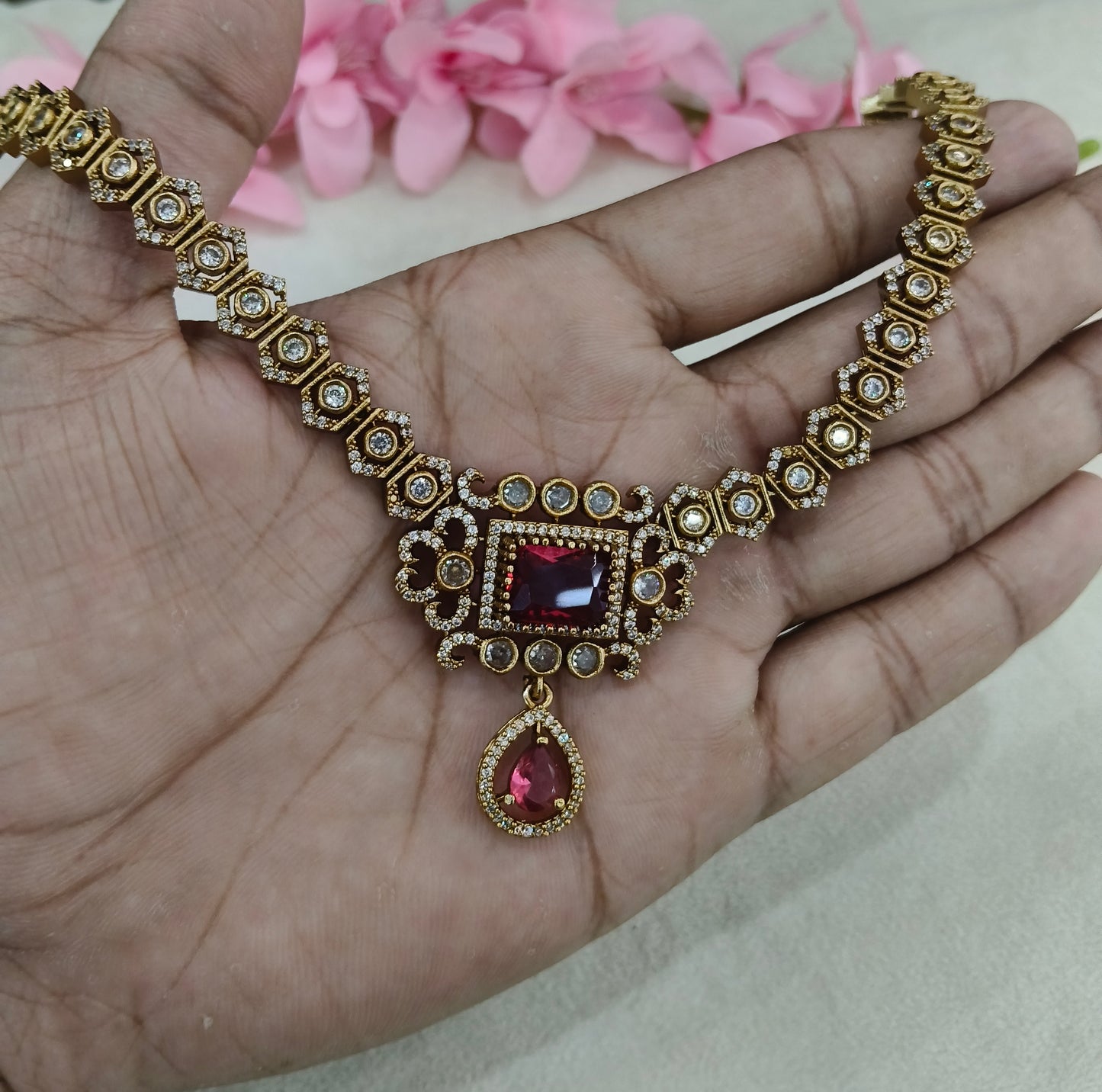 Antique Gold Ruby Cz Necklace Jewellery Jazi Set