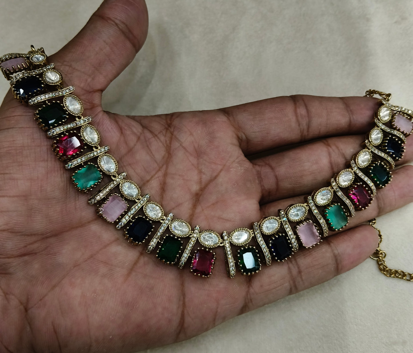 Multi Color Moissanite Kundan Necklace Jewellery Nimy Set