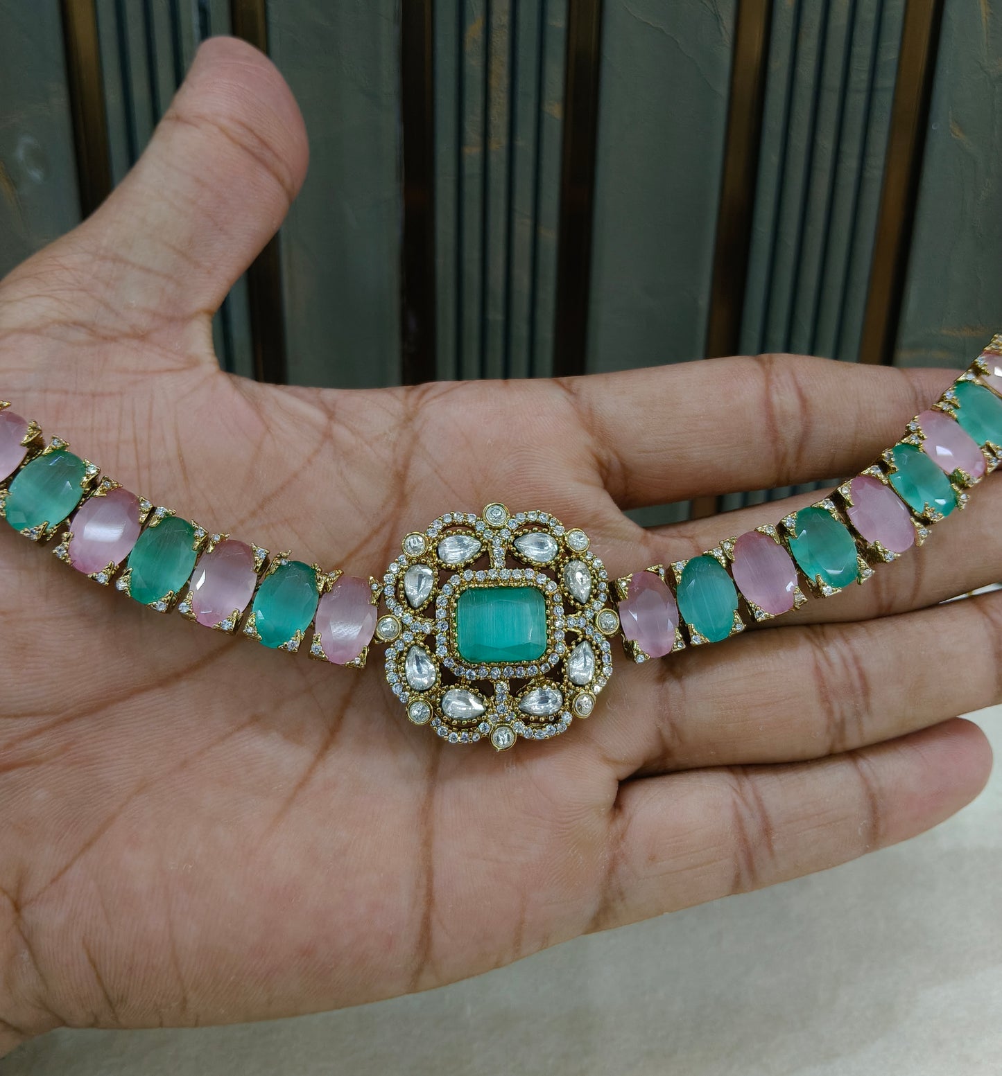 Mint Pink Moissanite Kundan Necklace Jewellery Soma Set