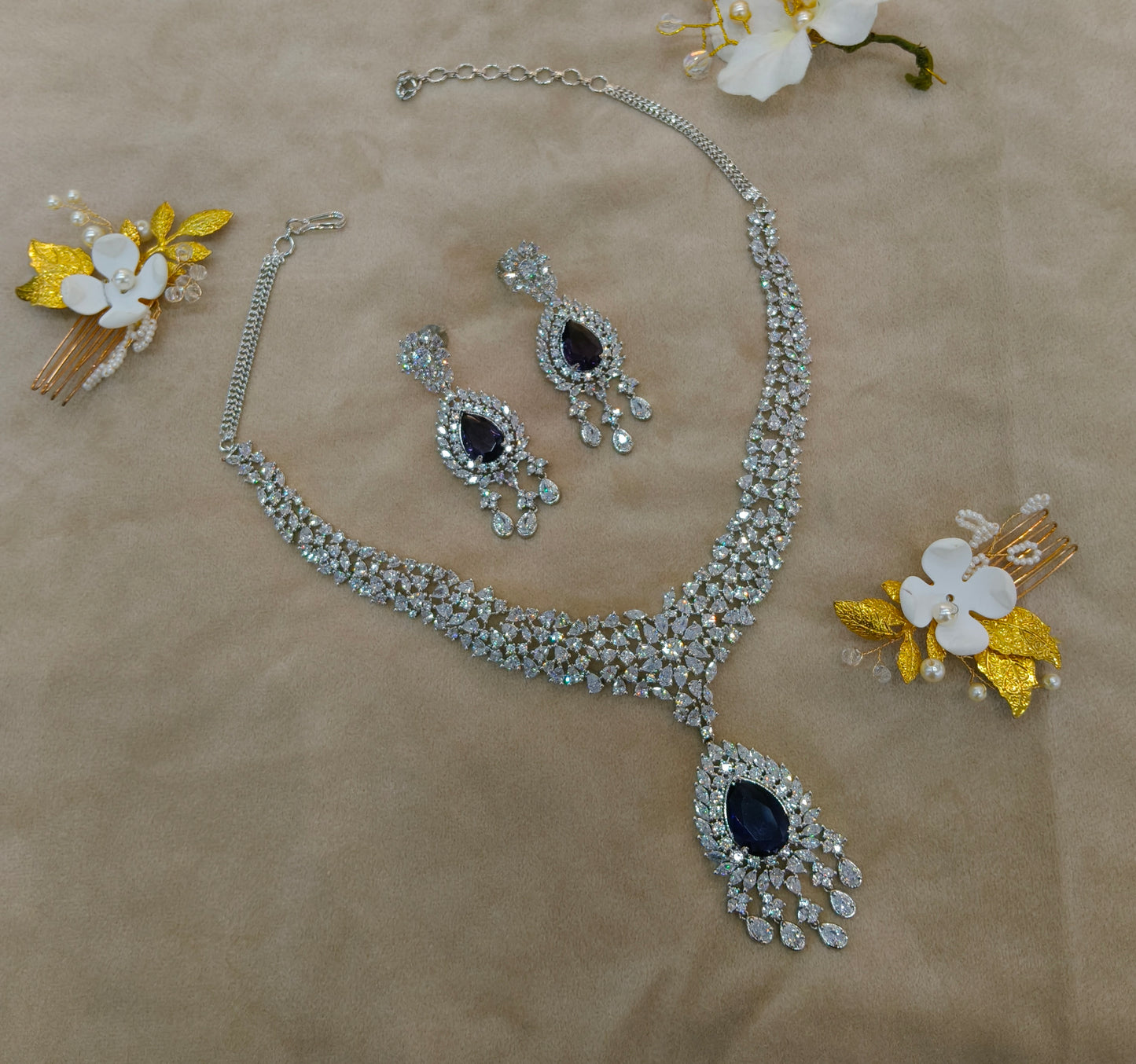 Silver Blue American Diamond Ad Necklace Ekjot Sets