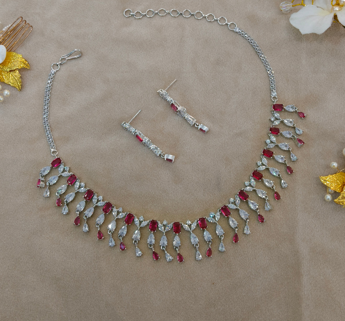 Silver Ruby American Diamond Ad Necklace Anaira Sets