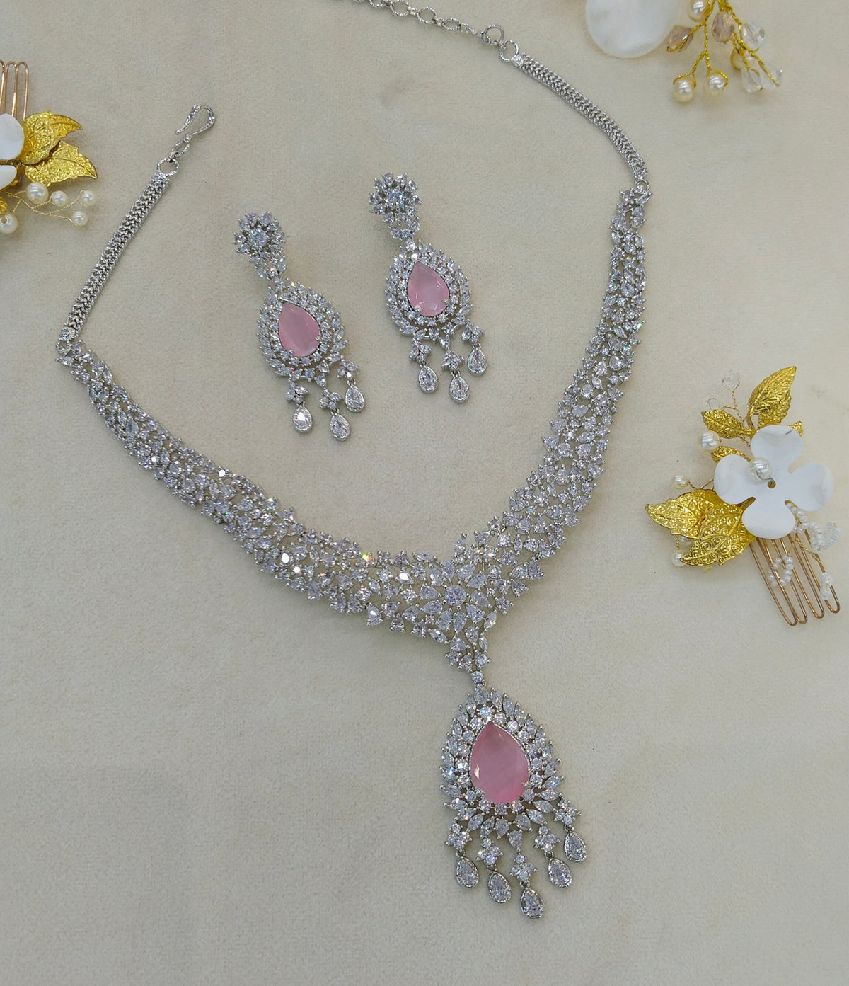 Silver Pink American Diamond Ad Necklace Ekjot Sets