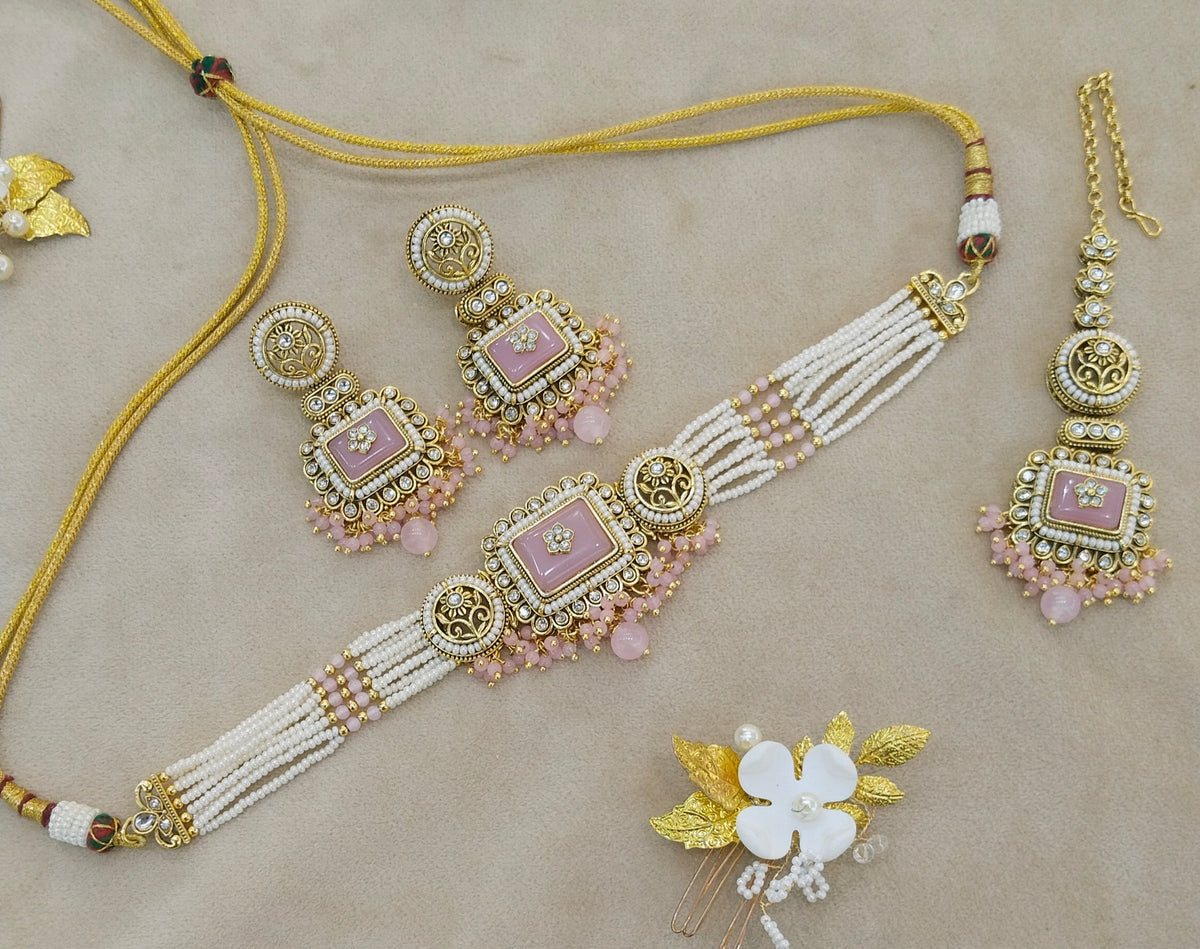 Gold Pink Kundan Choker Jewellery Rimi Set