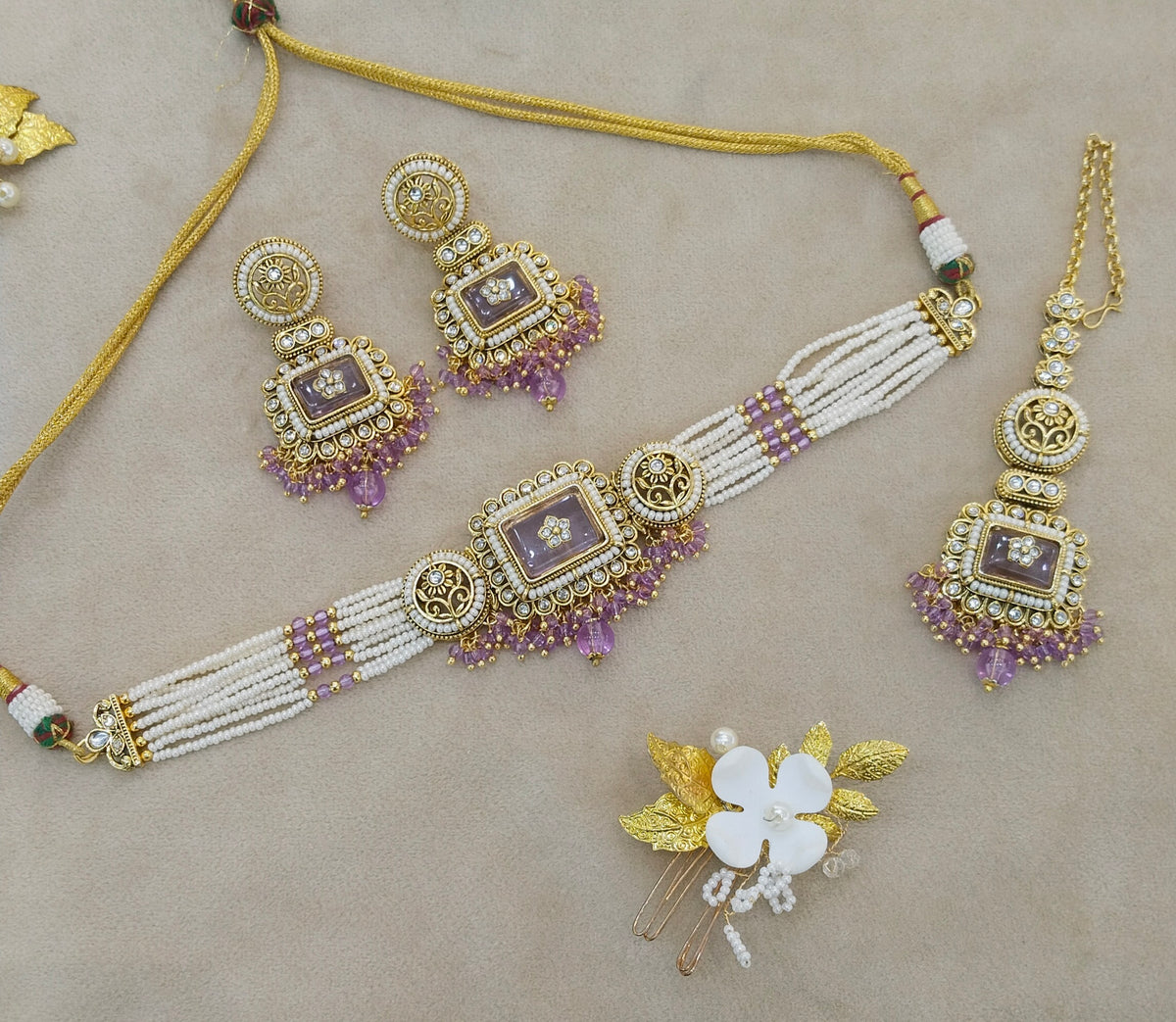 Gold Lavender Kundan Choker Jewellery Rimi Set