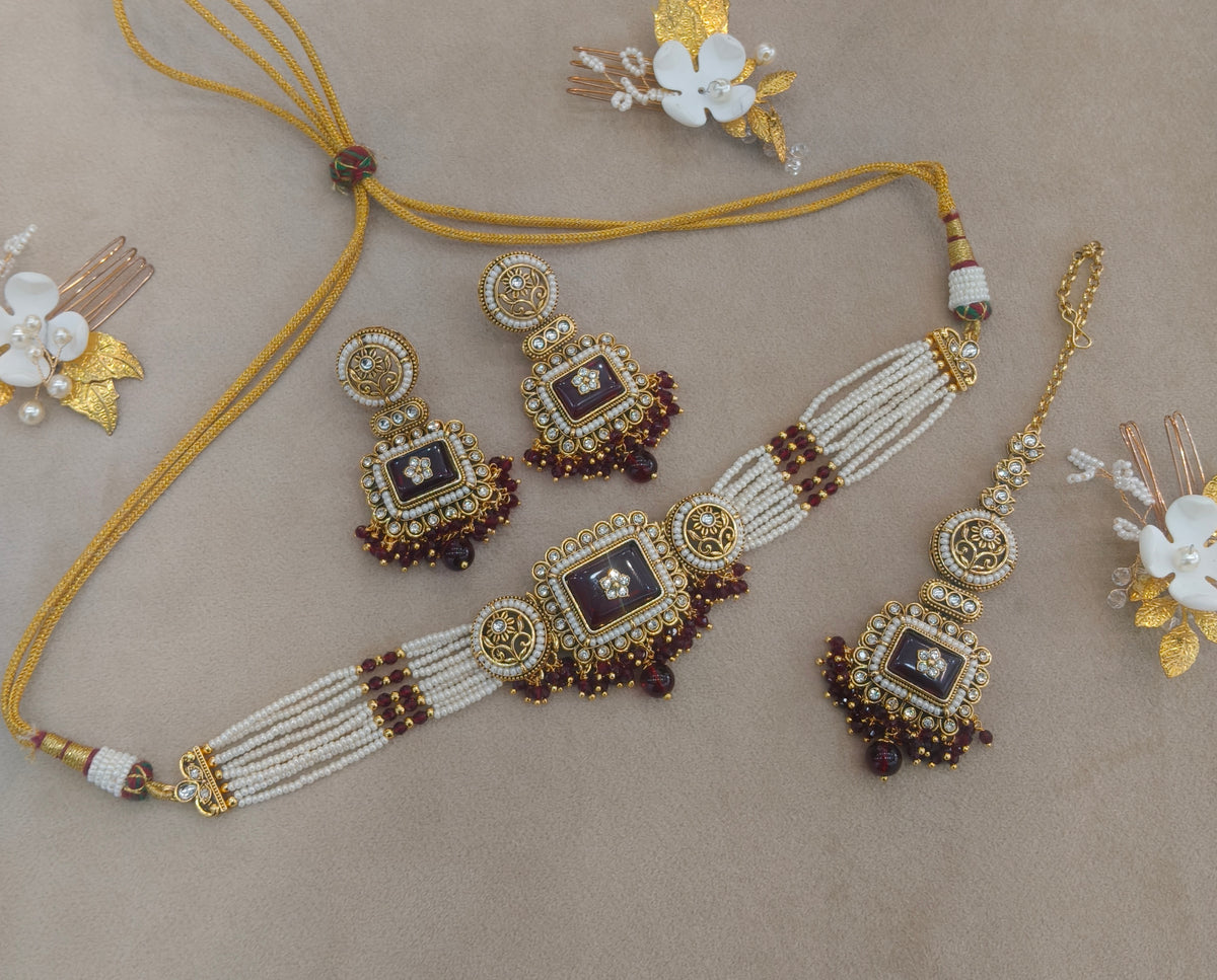 Gold Maroon Kundan Choker Jewellery Rimi Set