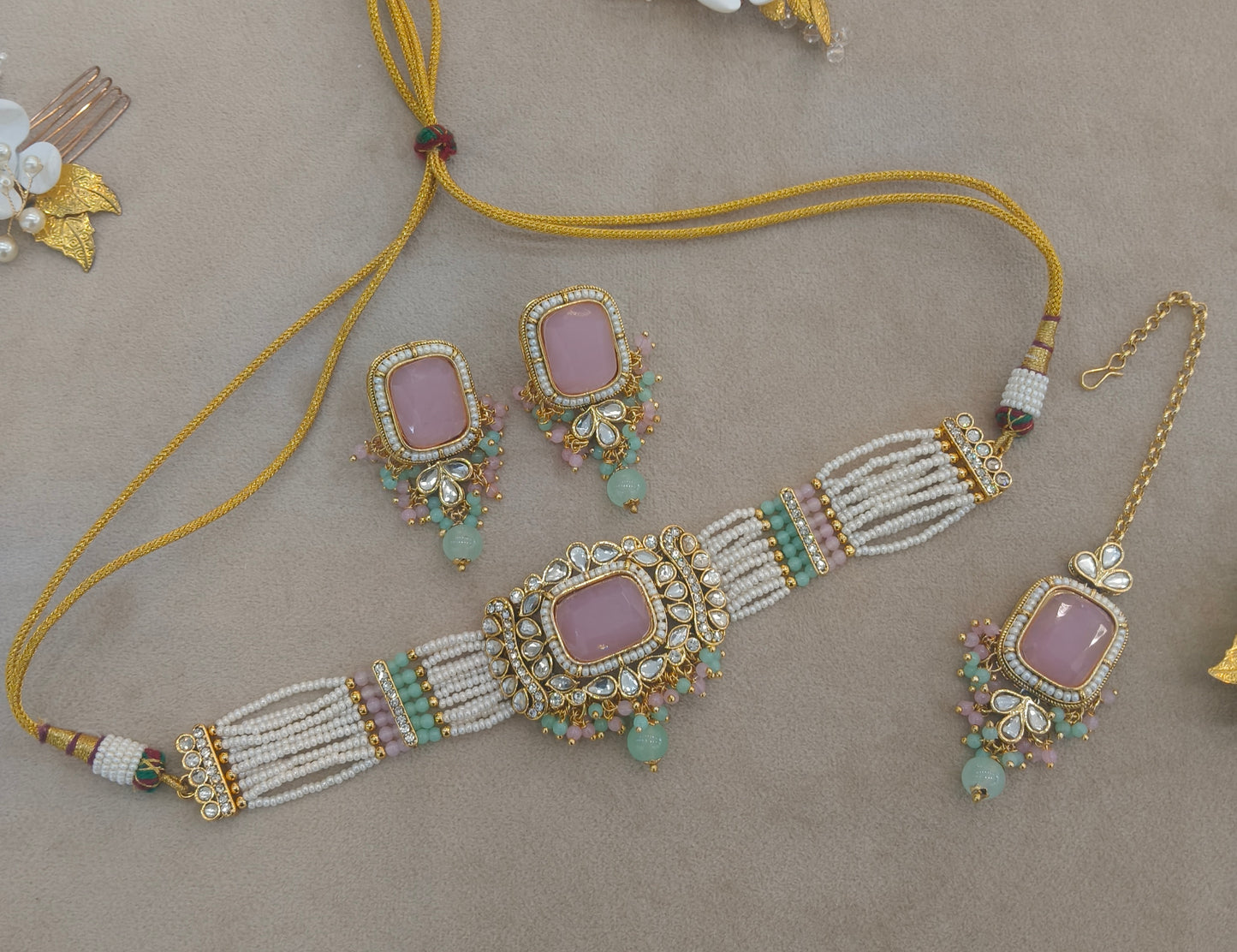 Mint Pink Kundan Choker Jewellery Rajni Set