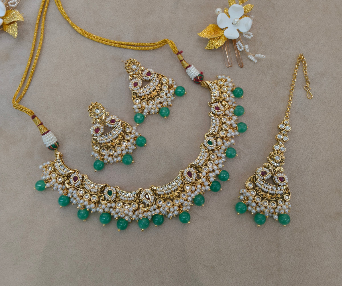 Ruby Sage Green Kundan necklace Set/ kundan Indian Jeet jewellery sets