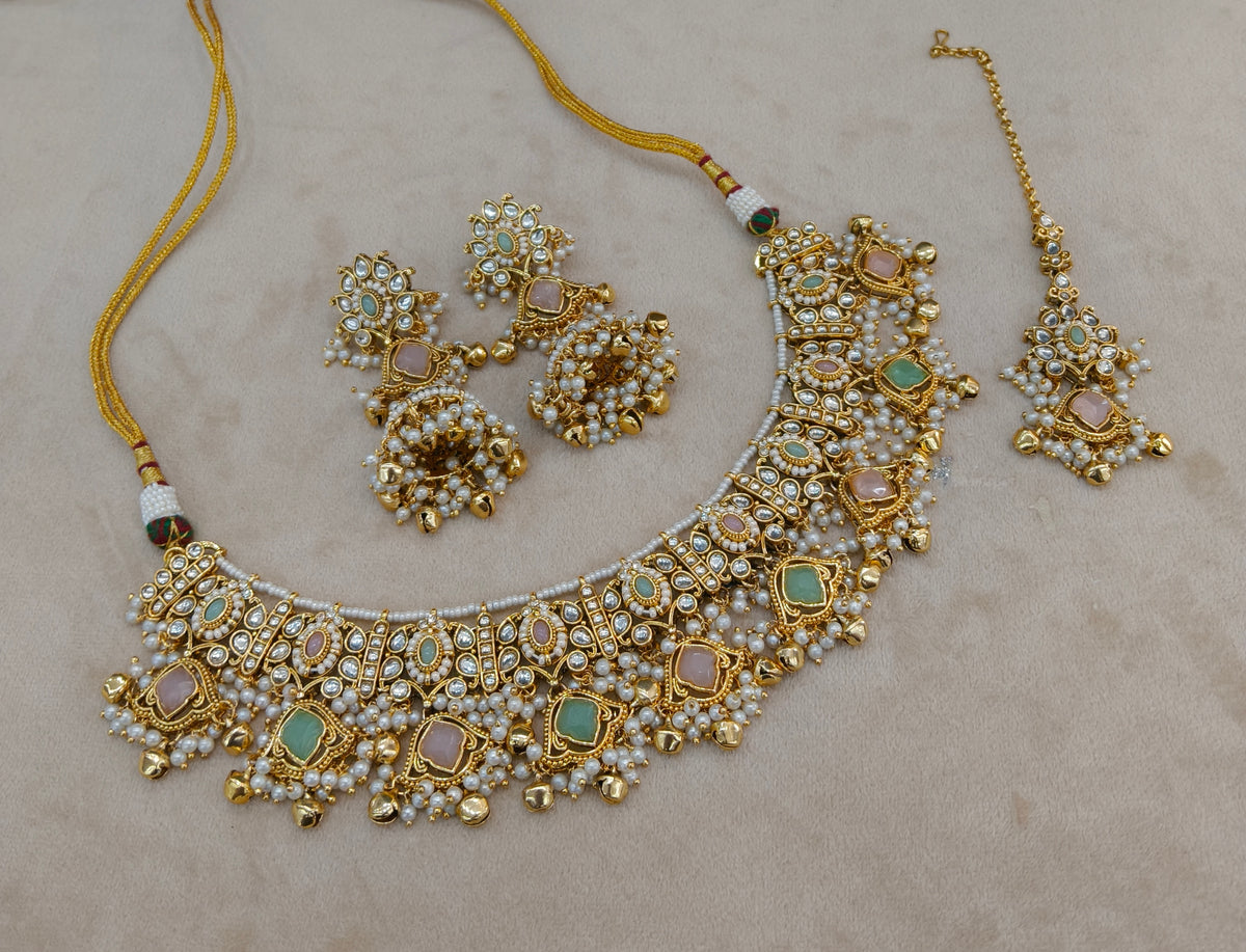 Mint Pink Kundan necklace Awari jewellery sets
