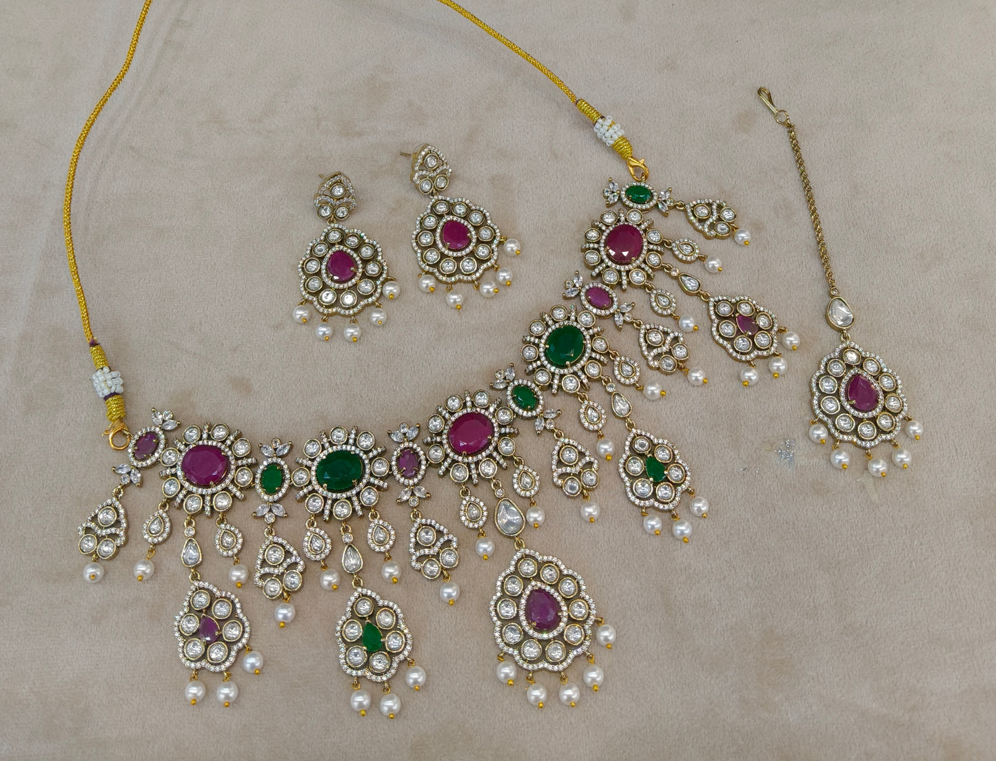 Ruby Green Moissanite Kundan Necklace Jewellery Nany Set