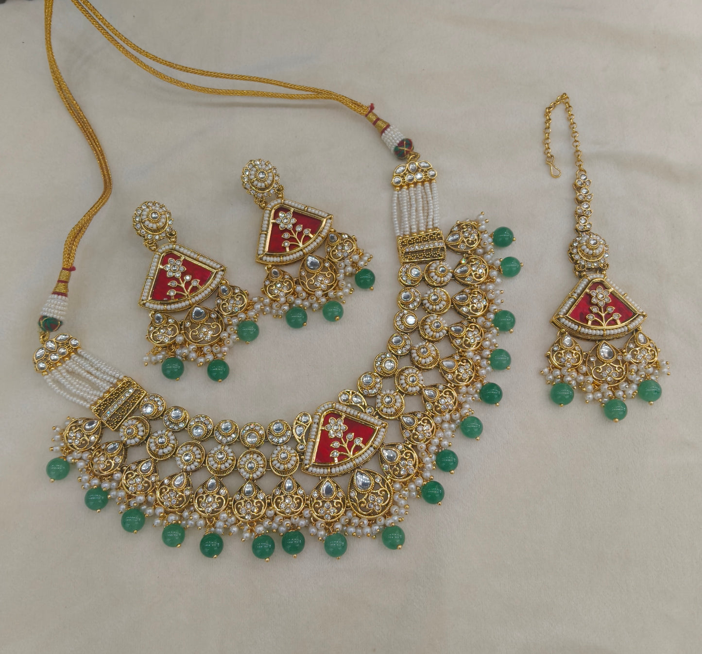 Gold Ruby Sage Green Kundan necklace Set/ kundan Indian Zina jewellery sets