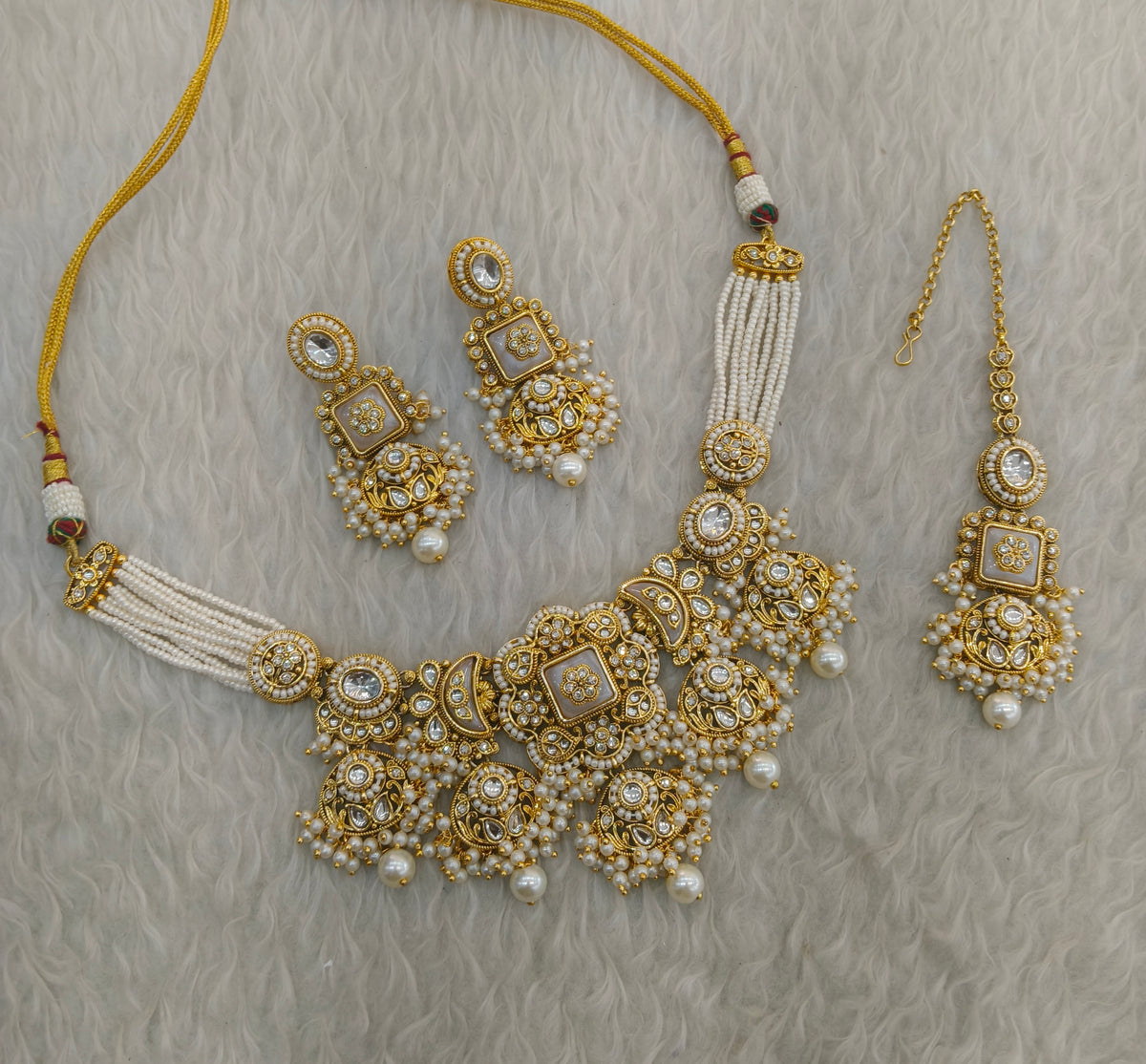 Gold White Kundan necklace Set/ kundan Indian Seerat jewellery sets