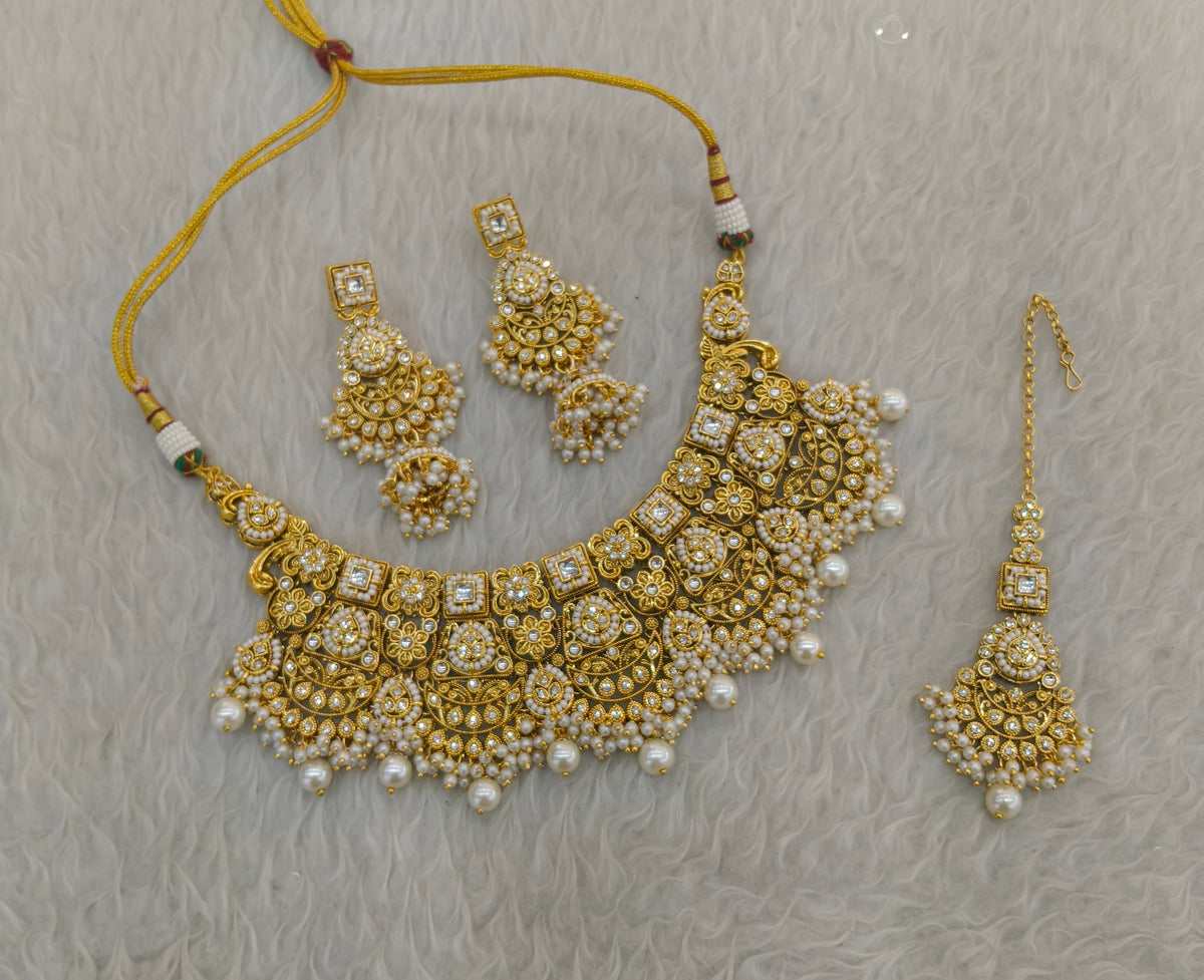 Gold White Kundan necklace Set/ kundan Indian Hargun jewellery sets