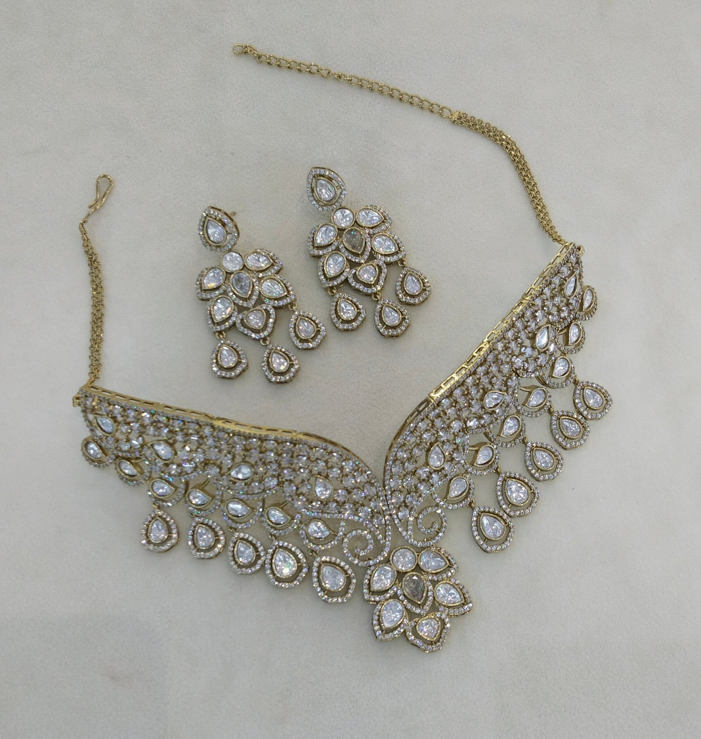 Antique White Moissanite Kundan Cz Stone Necklace Jewellery Ira Set