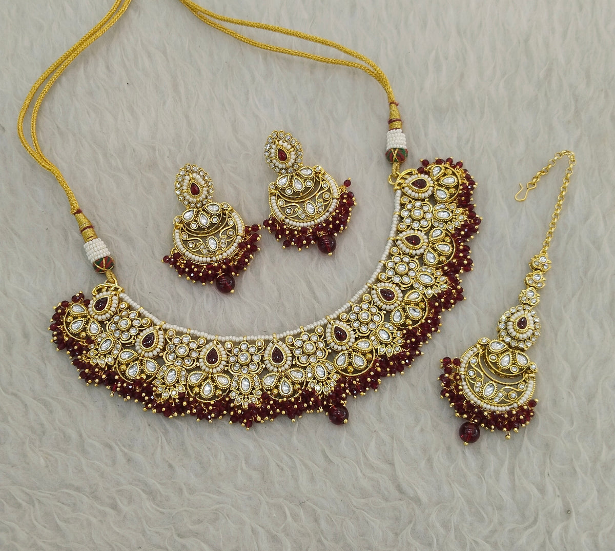 Maroon Kundan necklace Set/ Indian jewellery kundan Zori sets