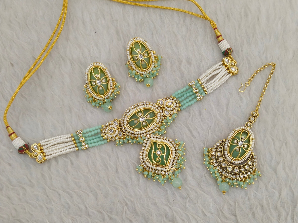 Mint Kundan Choker Jewellery Fana Sets