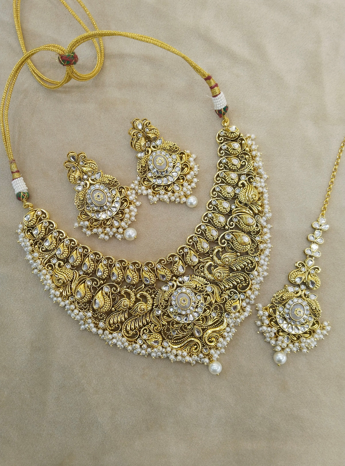 Gold White Kundan necklace Set/ kundan Indian Resham jewellery sets