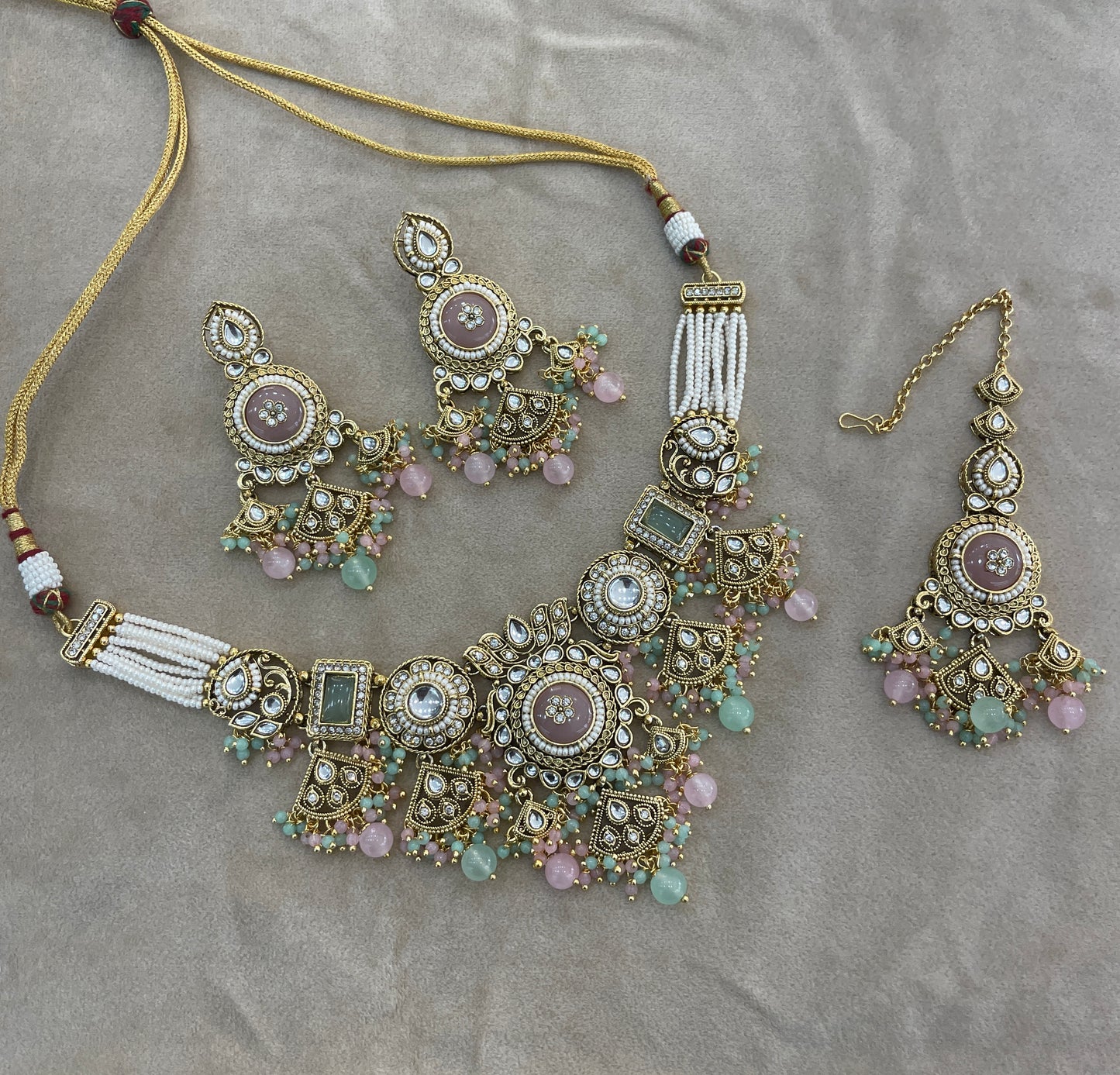 Gold Mint Pink Kundan necklace Set/ kundan Indian Sehaj jewellery sets