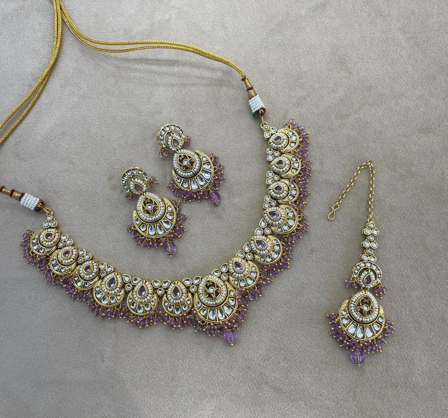 Gold Lavender Kundan necklace Set/ kundan Indian Ekan jewellery sets