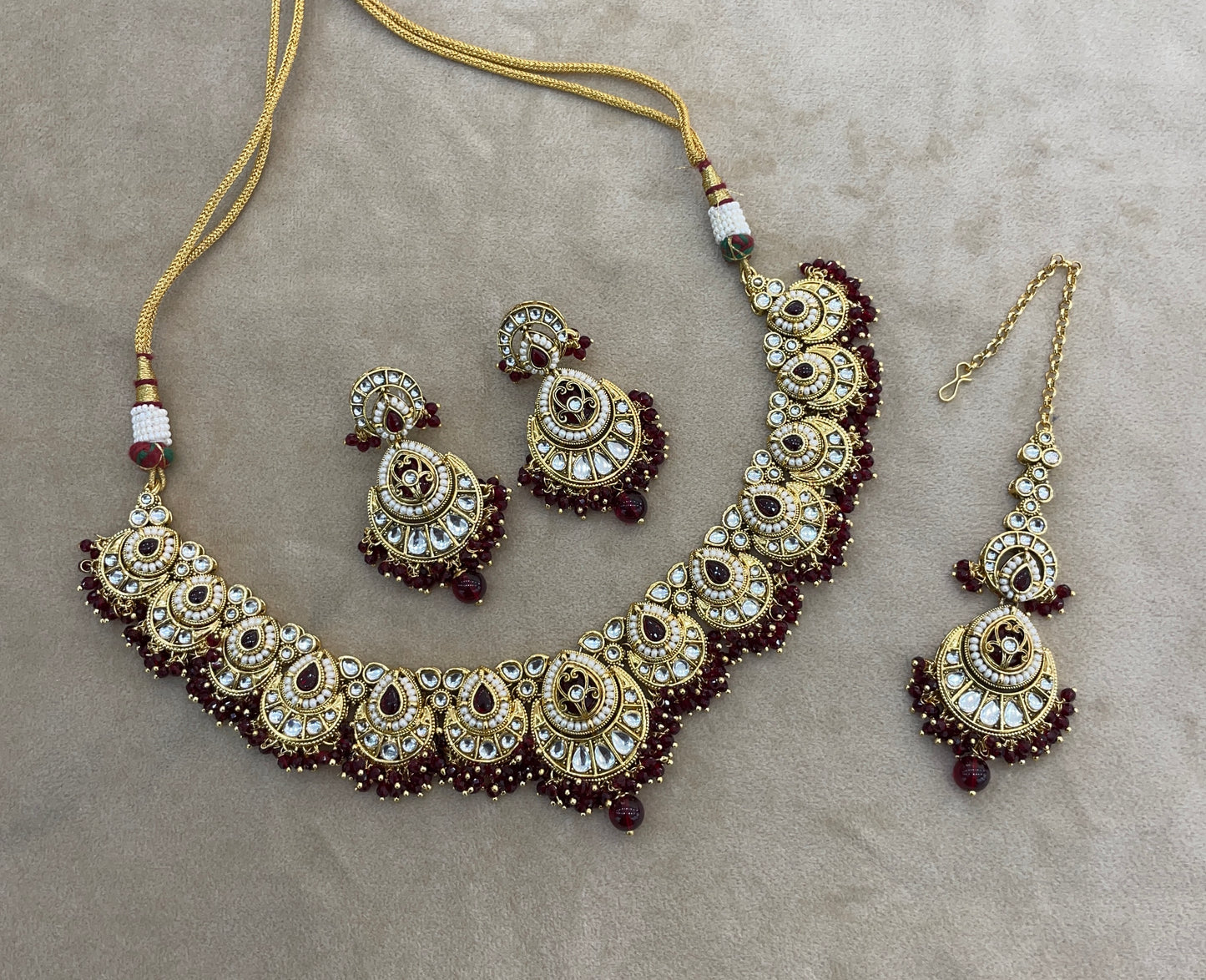 Gold Maroon Kundan necklace Set/ kundan Indian Ekan jewellery sets