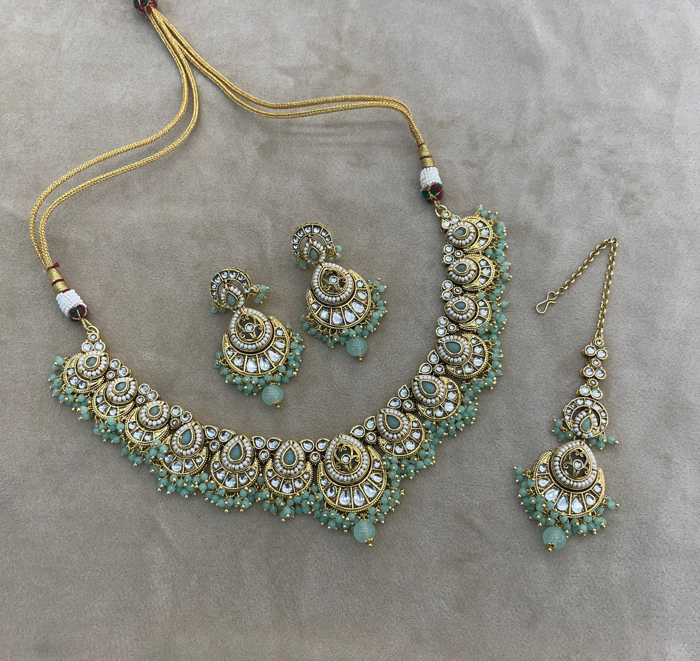 Gold Mint Kundan necklace Set/ kundan Indian Ekan jewellery sets