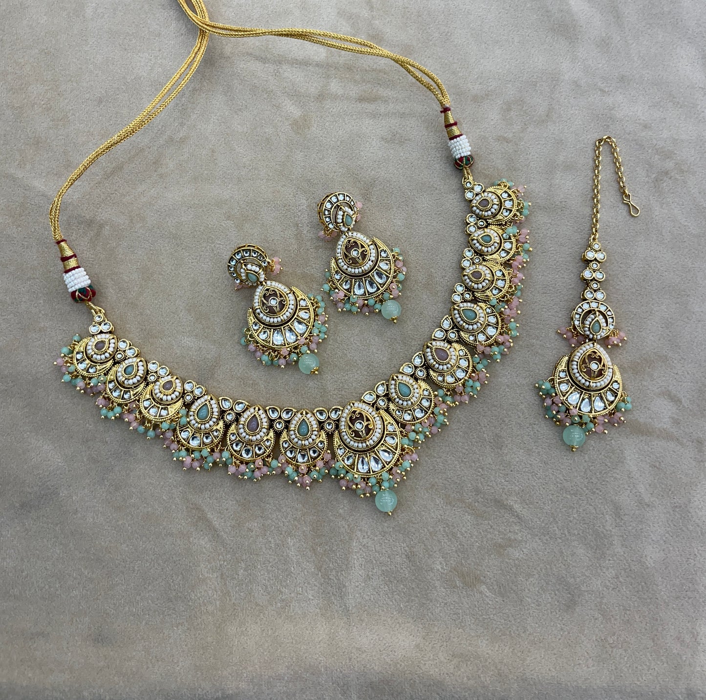Gold Mint Pink Kundan necklace Set/ kundan Indian Ekan jewellery sets