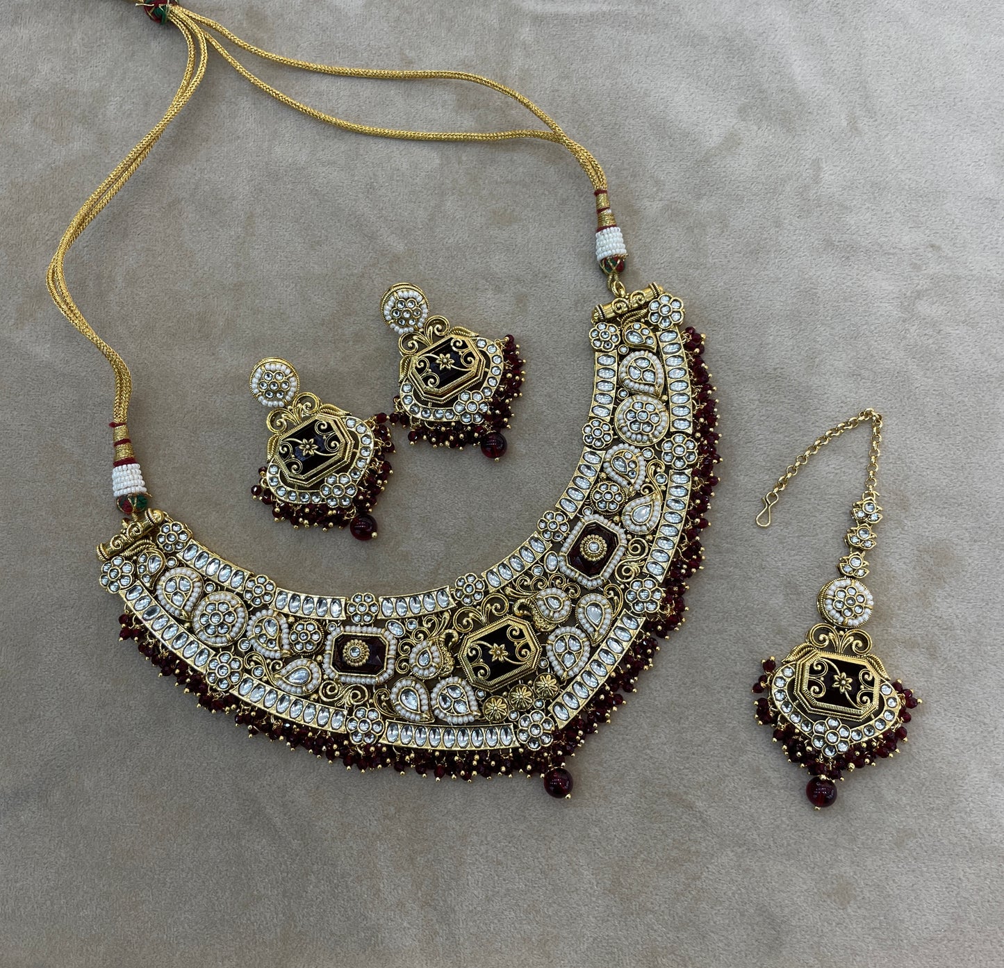 Gold Maroon Kundan necklace Set/ kundan Indian Khusi jewellery sets