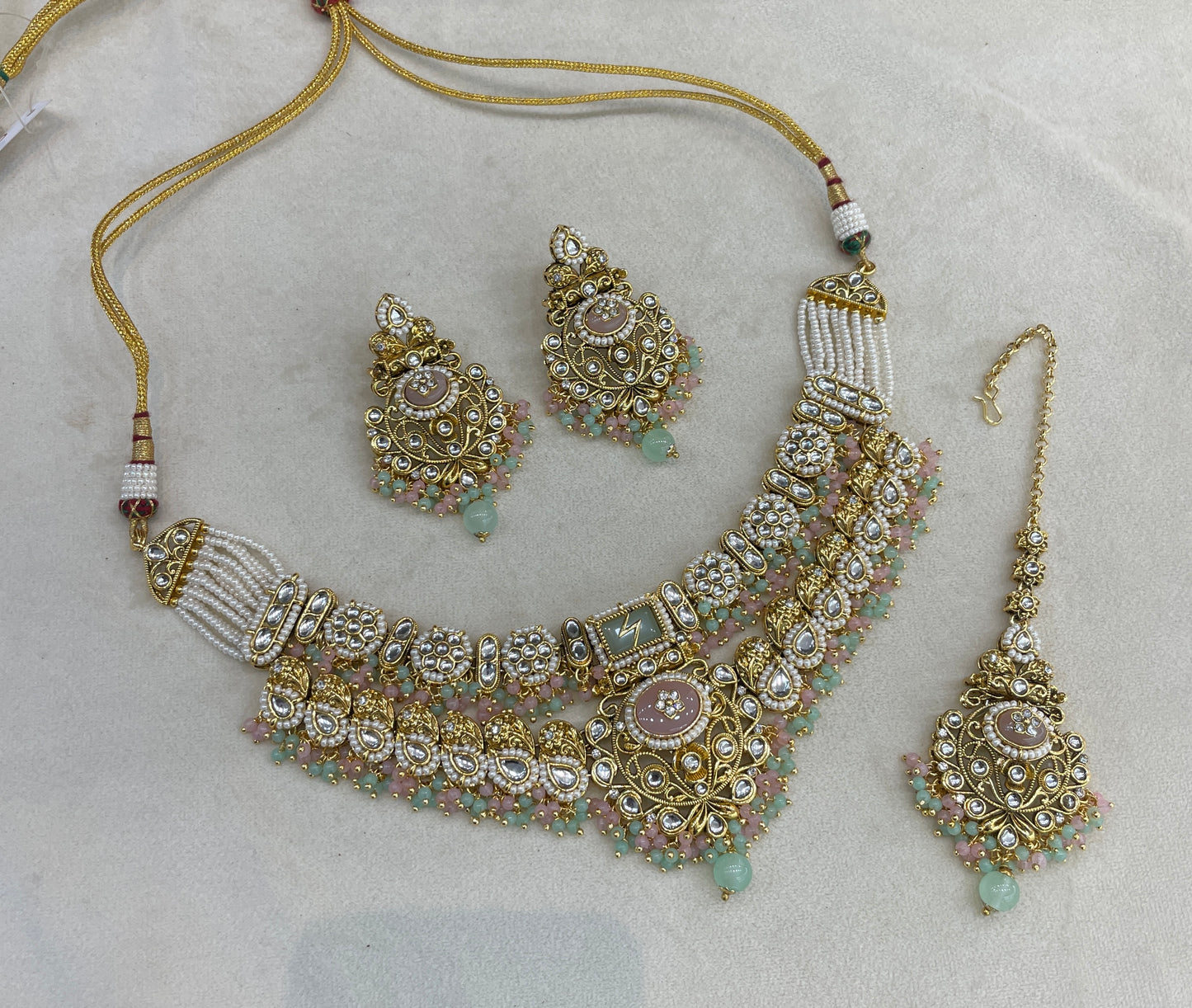 Mint Pink Kundan necklace Set/ kundan Indian Ruhani jewellery sets
