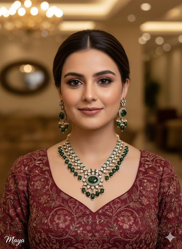 Green Moissanite Kundan Necklace Jewellery Maya Set