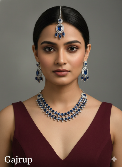 Blue Silver CZ Necklace Jewellery Gajrup Set