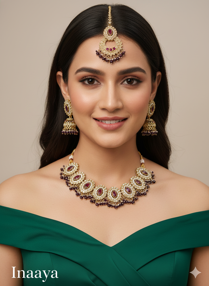 Majenta Green Necklace Jewellery Inaaya Set