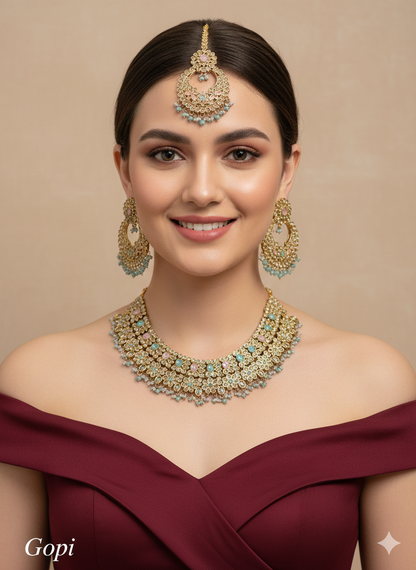 Mint Pink Antique Gold Necklace Jewellery Gopi Set