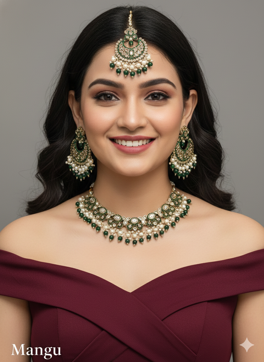 White Antique Gold Necklace Jewellery Mangu Set