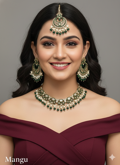 White Antique Gold Necklace Jewellery Mangu Set