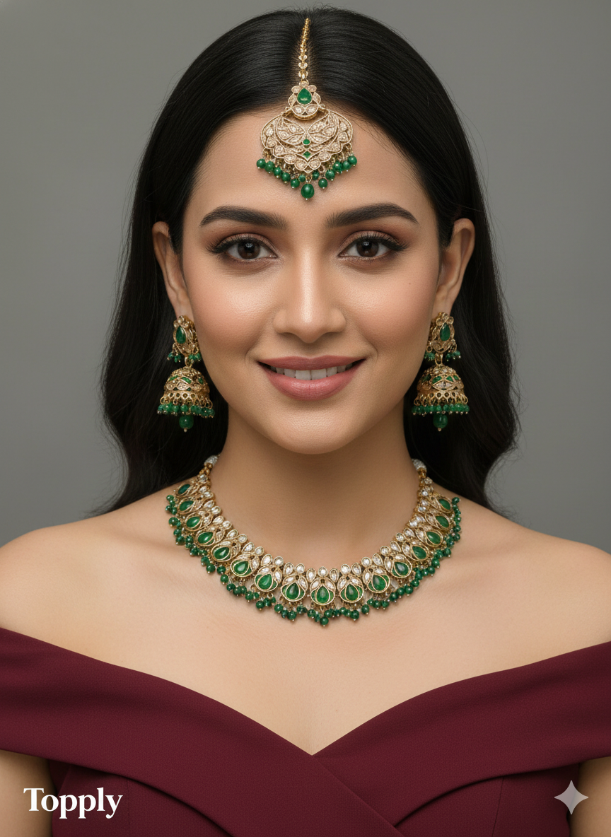 Green Antique Gold Necklace Jewellery Topply Set