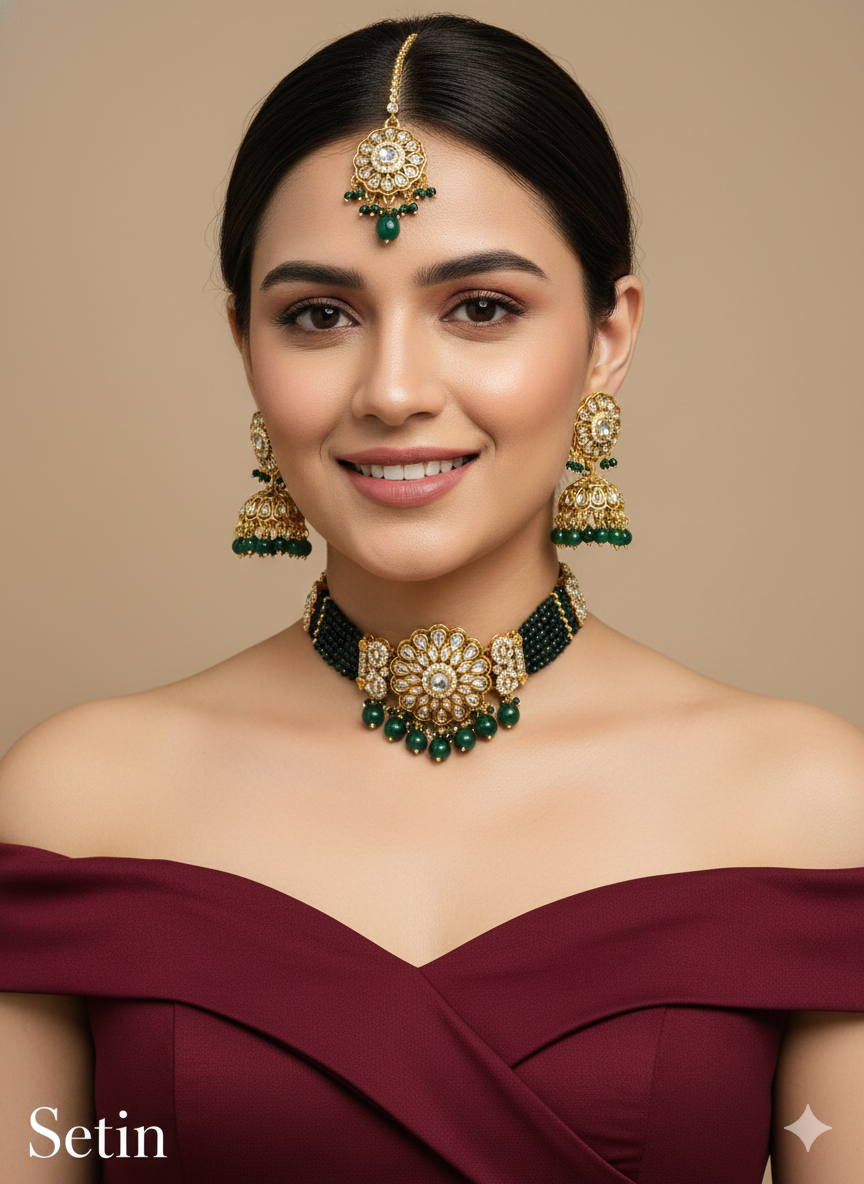 Maroon Antique Gold Choker Jewellery Babli Set