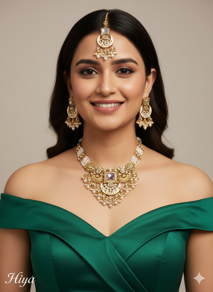 Gold White Kundan Necklace Hiya sets
