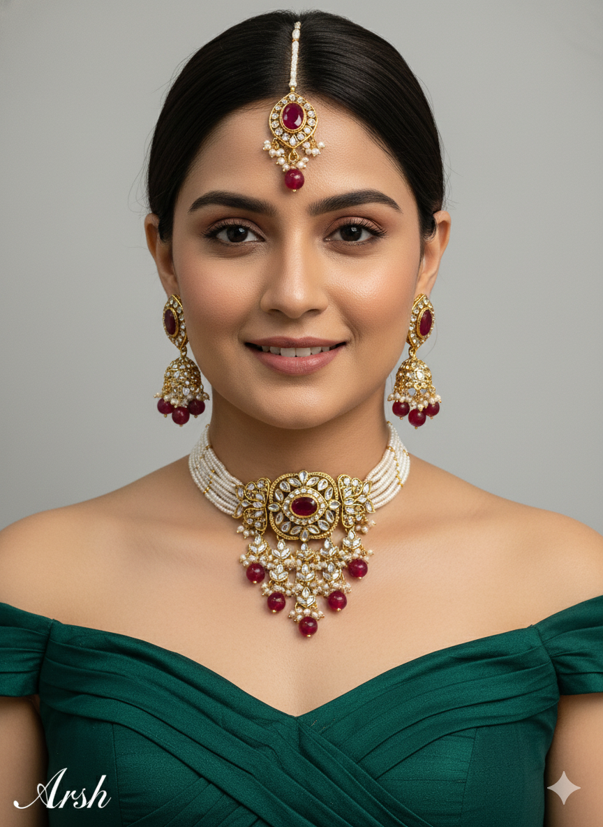 Sea Green Pink Jhumka Kundan Choker Jewellery Arsh Set