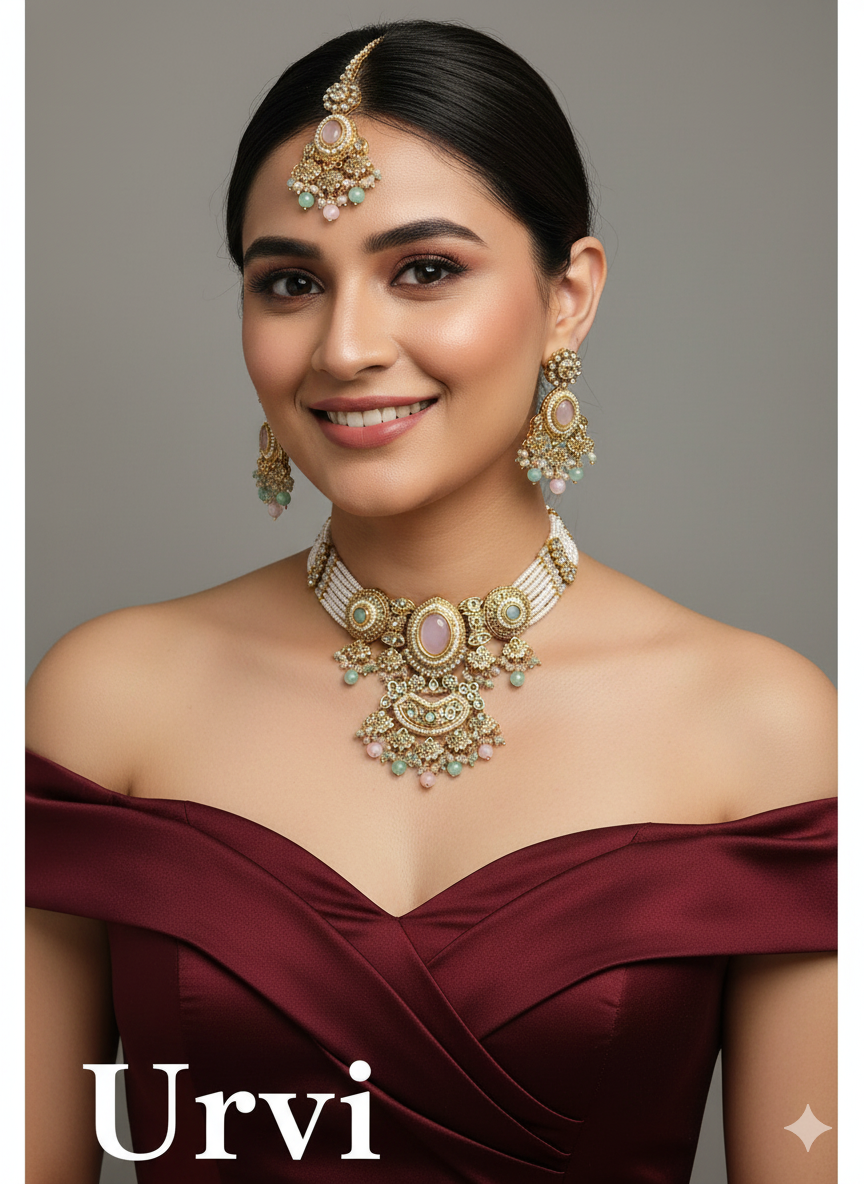 Gold Mint Pink Kundan Choker Jewellery Urvi Sets