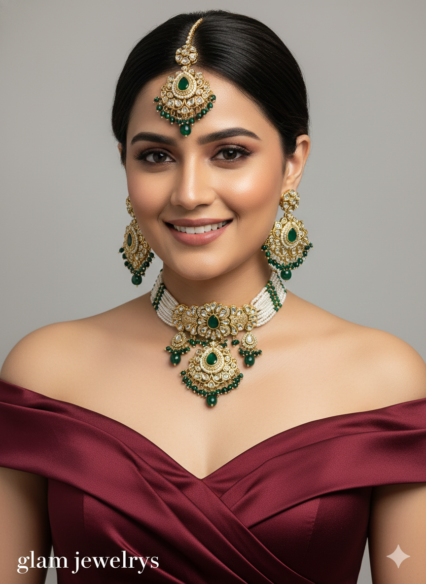Gold White Kundan Choker Jewellery Vanca Set