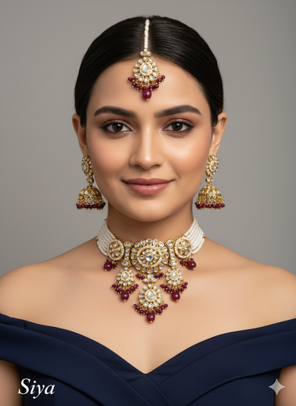 Gold white Kundan Choker Jewellery Jhumka Siya Set