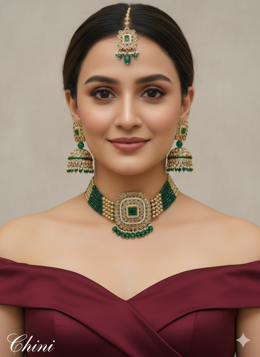 Green Champagne Stone Jhumka Choker Jewellery Chini Set