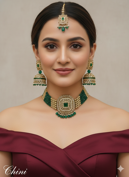 Green Champagne Stone Jhumka Choker Jewellery Chini Set