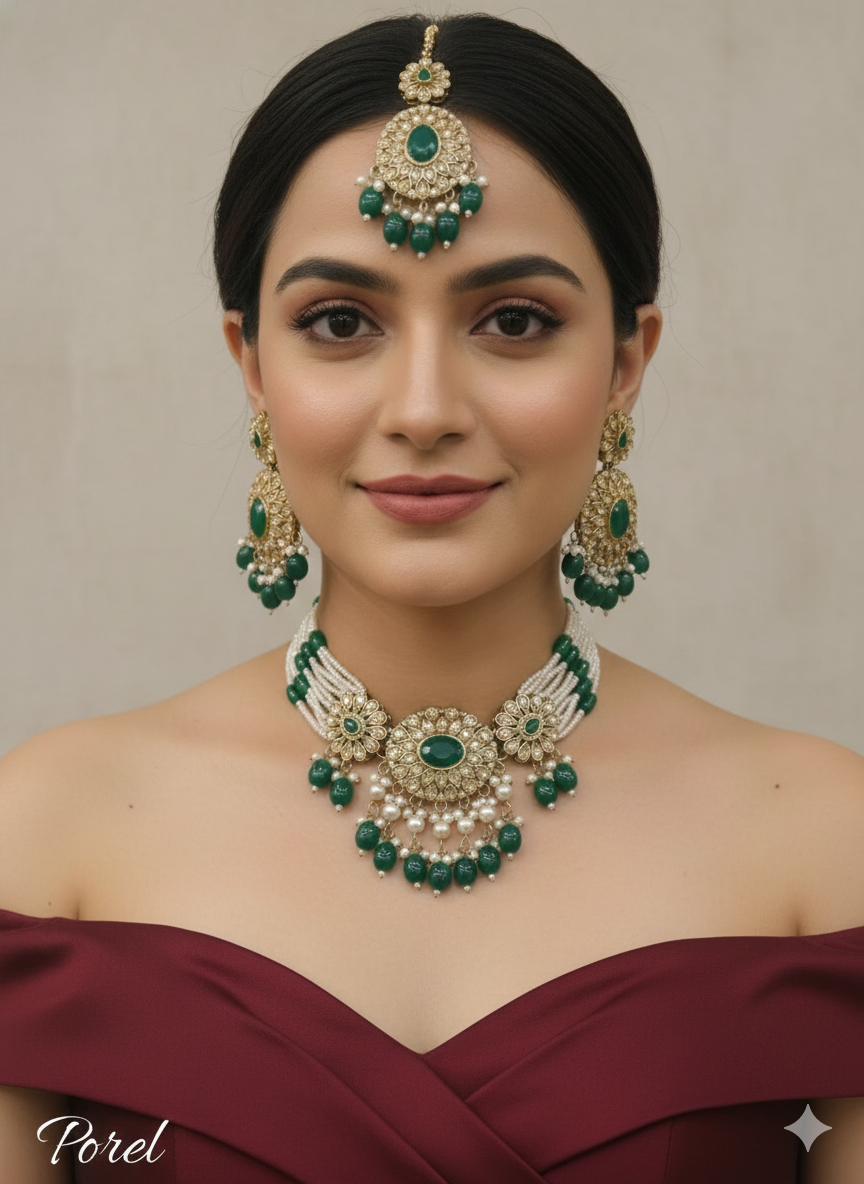 White Antique Gold Choker Jewellery Porel Set