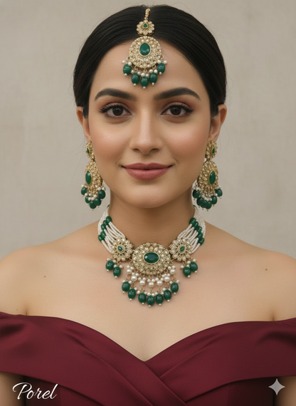 White Antique Gold Choker Jewellery Porel Set