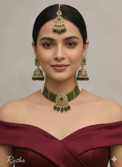 Mehndi Champagne Stone Jhumka Choker Jewellery Rasha Set