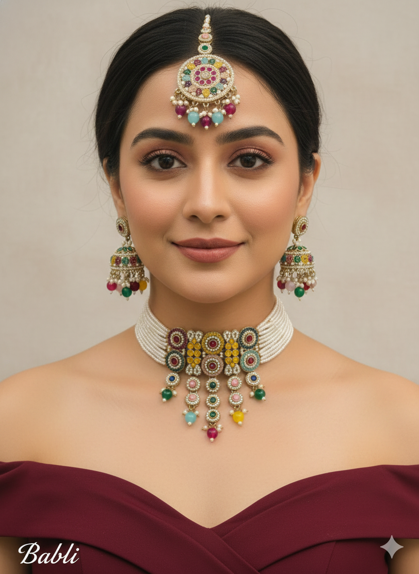 Yellow Antique Gold Choker Jewellery Babli Set