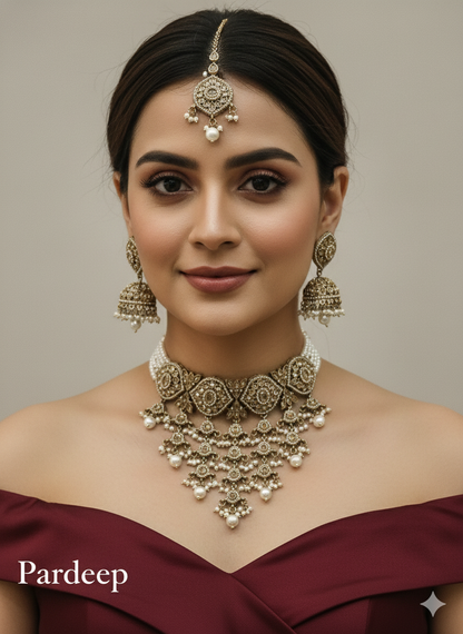 White Antique Gold Choker Jewellery Pardeep Set